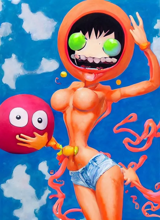 Prompt: a lifelike oil painting of an anime girl figurine caricature with a big dumb grin made of madballs featured on spitting image by arthur szyk in the style of splatoon