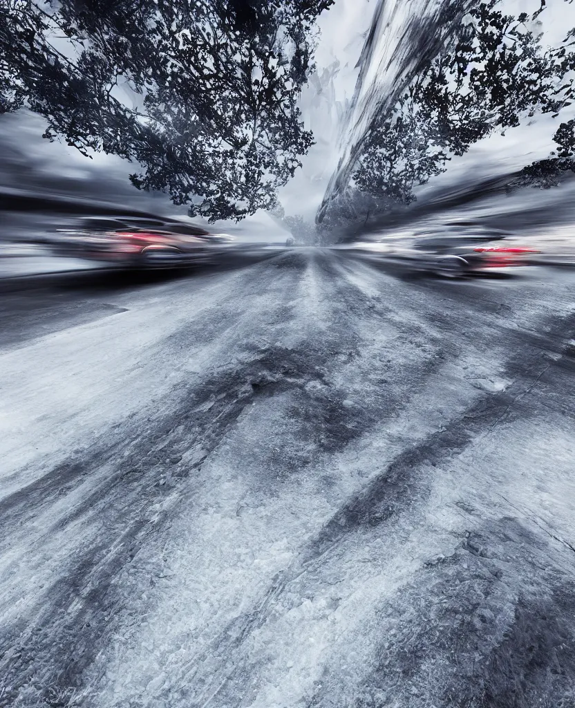 Image similar to Icy road, car perspective, photorealism, 4k