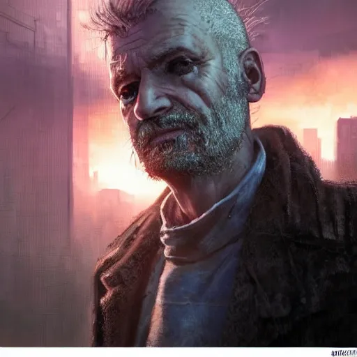 Image similar to cyberpunk, closeup portrait of a shaggy old cyberpunk fence, bald, tired eyes, tattered tweed jacket, dramatic light, city background, sunset, dystopian setting, high contrast, sharp, neuromancer, the finn, painted by stanley lau, painted by greg rutkowski, painted by stanley artgerm, digital art, trending on artstation