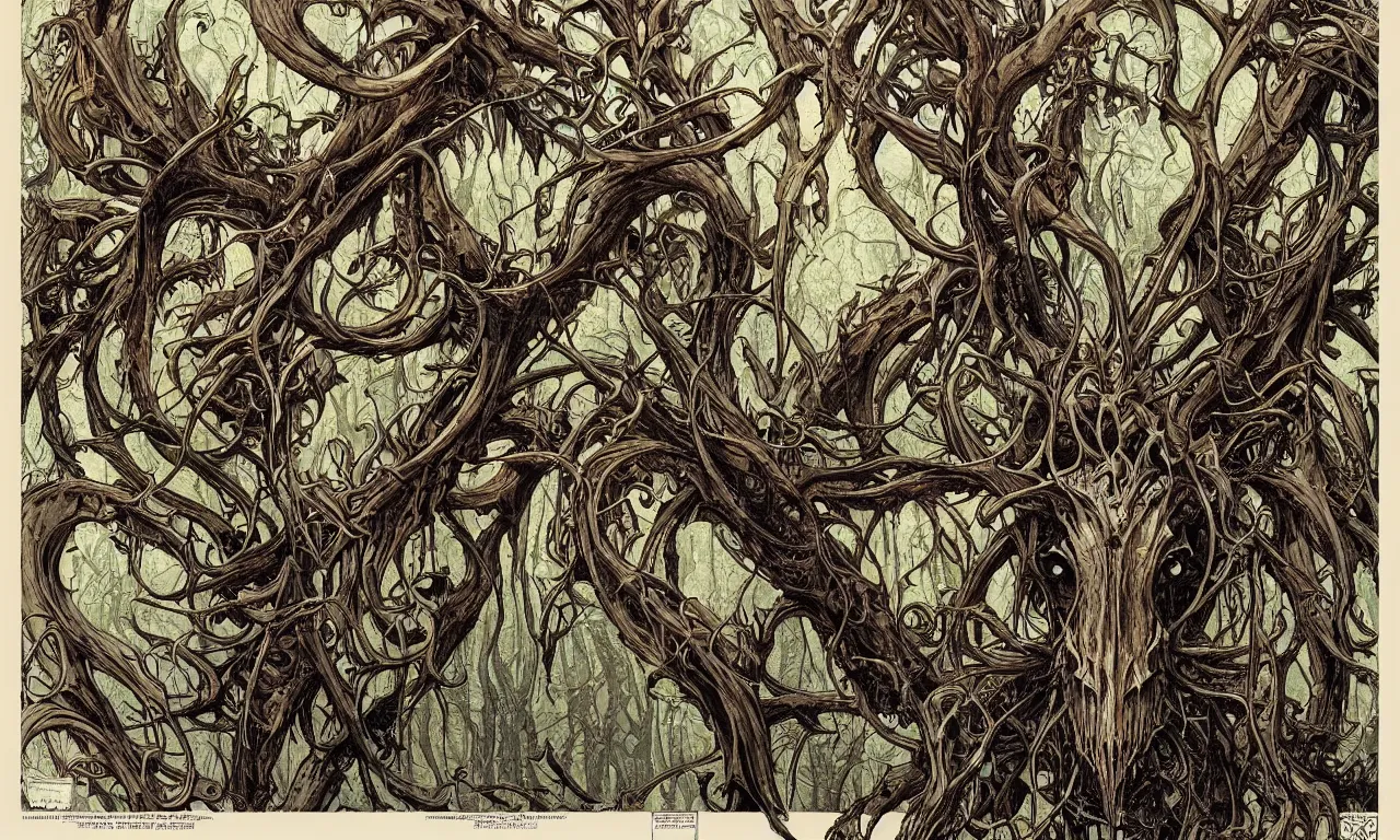 Image similar to hyperdetailed art nouveau portrait of treebeard as a cthulhu eyeball moose skull wendigo cryptid monster, by geof darrow, simon bisley and bill sienkiewicz, grim yet sparkling atmosphere, photorealism, claws, skeleton, antlers, fangs, forest, wild, crazy, horror, lynn varley, lovern kindzierski, steve oliff