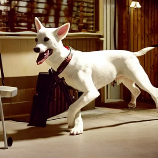 Image similar to movie still of robot white swiss shepperd dog cyborg, cinematic composition, cinematic light, criterion collection, by edgar wright