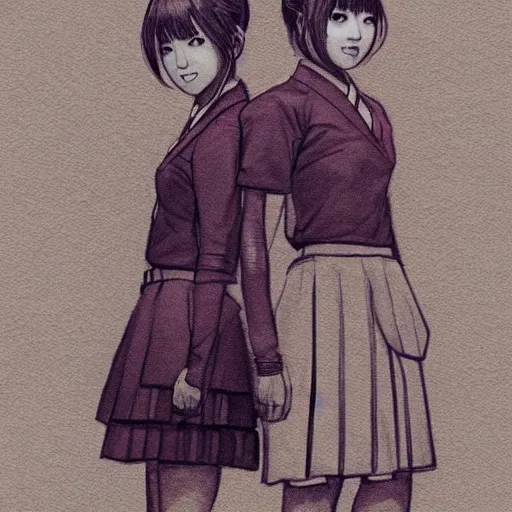 Image similar to a perfect, realistic professional digital sketch of two Japanese schoolgirls posing, in style of Marvel, full length, by pen and watercolor, by a professional American senior artist on ArtStation, a high-quality hollywood-style sketch, on high-quality paper