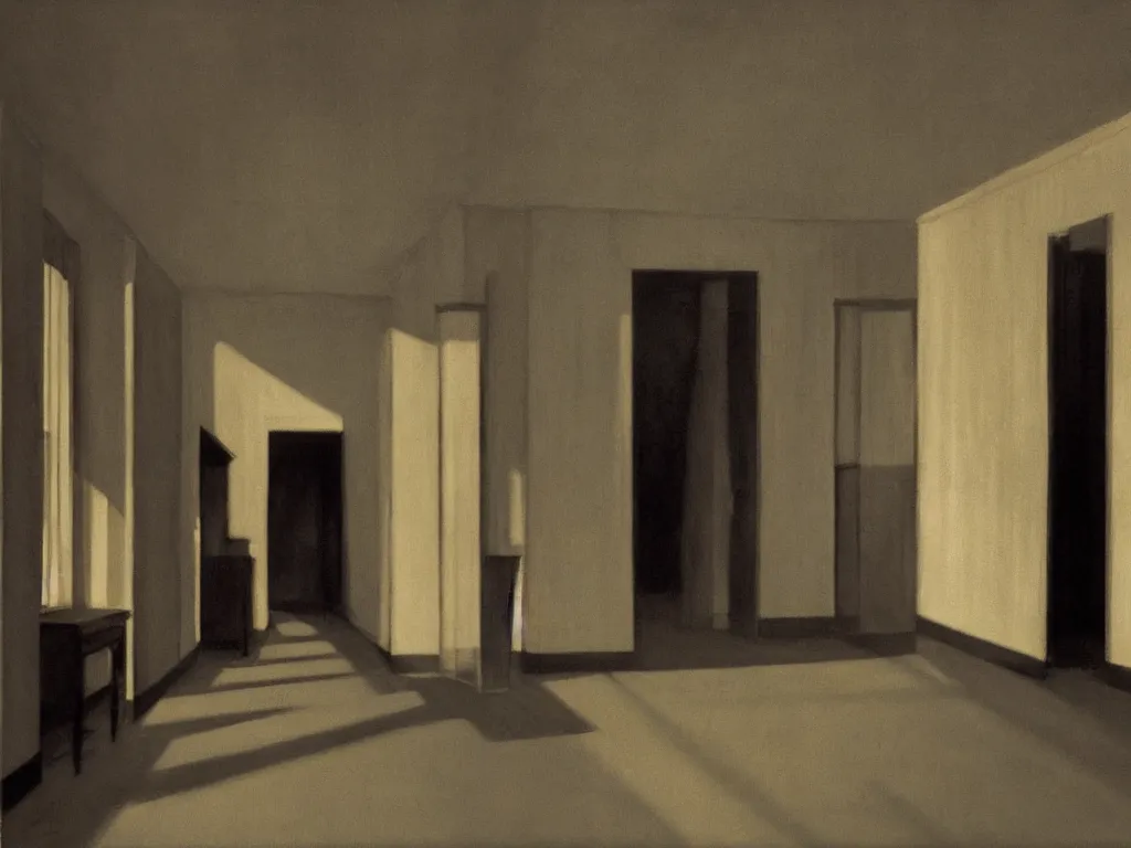 Prompt: the shinning hotel hallway, 70s, americana, dim, dark, lone scary silhouette in the distance, ultra view angle view, realistic detailed painting by edward hopper