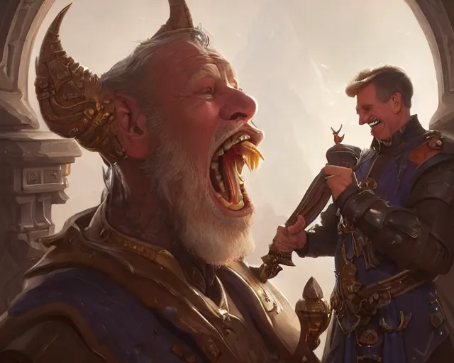 Prompt: david lister laughing at arnold rimmer, deep focus, d & d, fantasy, intricate, elegant, highly detailed, digital painting, artstation, concept art, matte, sharp focus, illustration, hearthstone, art by artgerm and greg rutkowski and alphonse mucha