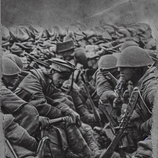 Prompt: soldiers fighting in trenches, war, black and white, polaroid photo, hyper realistic, 4 k, highly ornate intricate details, sharp image, incredible detail,