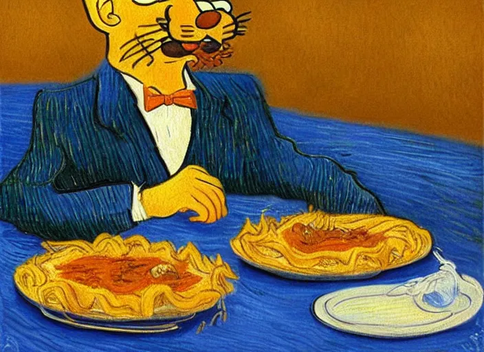 Prompt: detailed realistic painting of garfield eating lasagna at dusk, in the style of vincent van gogh and salvador dali and leonardo da vinci