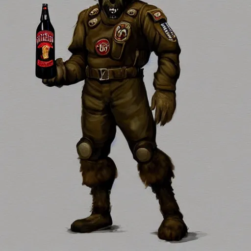 Image similar to a humanoid german shepherd beast - man in military style, holding a bottle of beer, artstation, concept art, smooth, sharp foccus ilustration, artstation