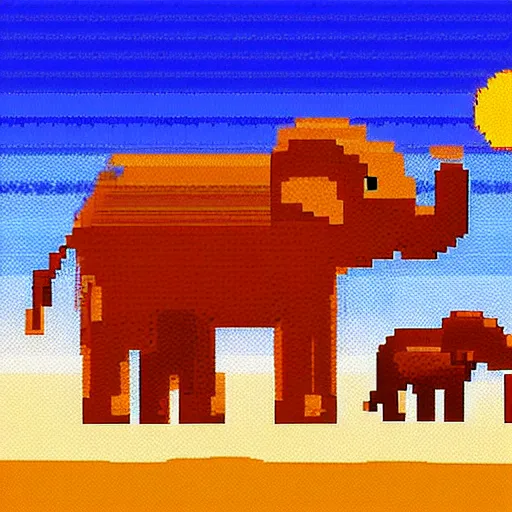 Prompt: pixel art of elephants walking in the sahara desert