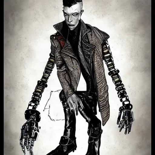 Image similar to cyborg male, slim, short hair, small scar on the chin, leather jacket with steampunk elements, one robotic arm and big shoes, book cover, deep shadows, by Dave McKean sketch lineart for character design