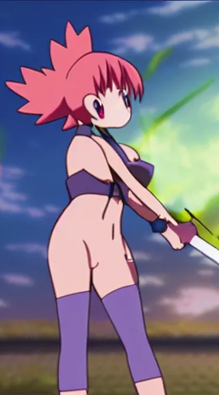Image similar to Anime Screenshot of a POKEMON MISTY unsheathing her sword at night, strong blue rimlit, visual-key, Nighttime Moonlit, anime illustration in the style of Gainax