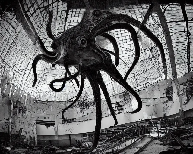 Image similar to camera footage of a extremely aggressive Giant mutated Octopus with glowing white eyes in an abandoned shopping mall, Psychic Mind flayer, Terrifying :7 , high exposure, dark, monochrome, camera, grainy, CCTV, security camera footage, timestamp, zoomed in, Feral, fish-eye lens, Fast, Radiation Mutated, Nightmare Fuel, Wolf, Evil, Bite, Motion Blur, horrifying, lunging at camera :4 bloody dead body, blood on floors, windows and walls :5