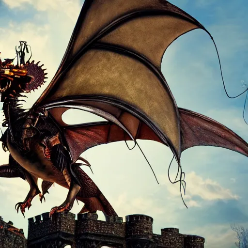 Image similar to photo of a steampunk dragon breathing fire in front of a medieval castle, 4k, highly detailed