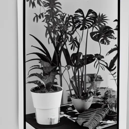 Image similar to A black and white photography of an exhibition space with objects of Sun Ra, Marcel Duchamp and tropical plants, 60s, offset lithography print, close up shot