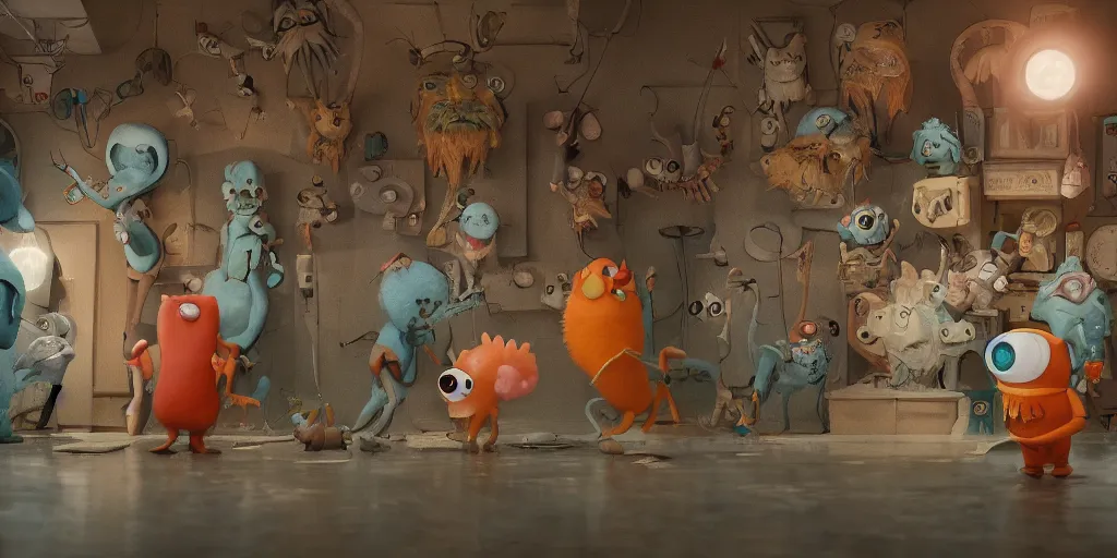 Prompt: cute cartoon monsters at a museum, still from a Wes Anderson film, cinematic, trending on artstation, highly detailed, scene from a movie, soft lighting, 8k