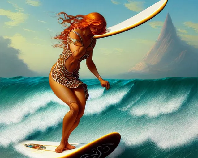 Image similar to beautiful ginger surfer is surfing on a surfboard in a sea of pasta, art nouveau, fantasy, intricate pasta waves, elegant, highly detailed, sharp focus, action art by artgerm and greg rutkowski and wlop