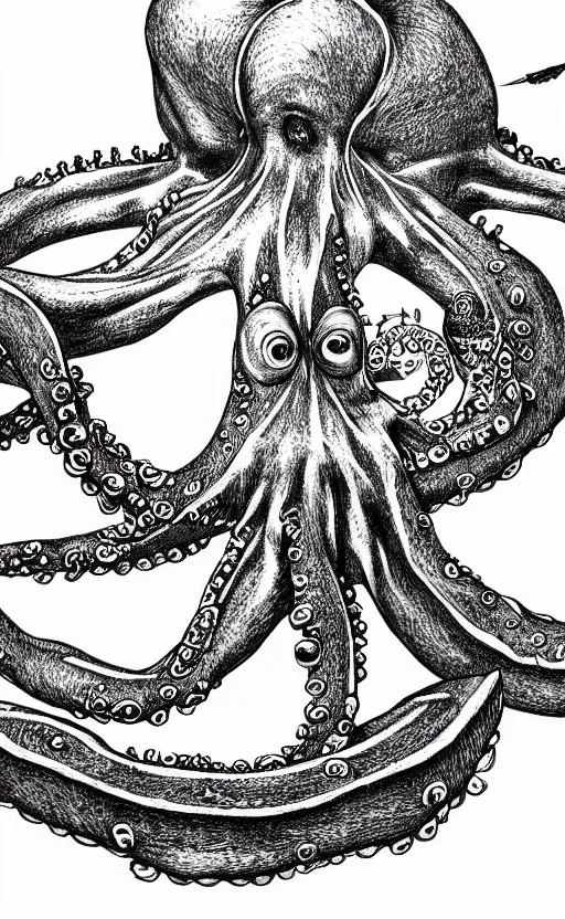 Image similar to highly detailed pencil illustration of octopus eating a burger, symmetrical, hd, trending, silk screen