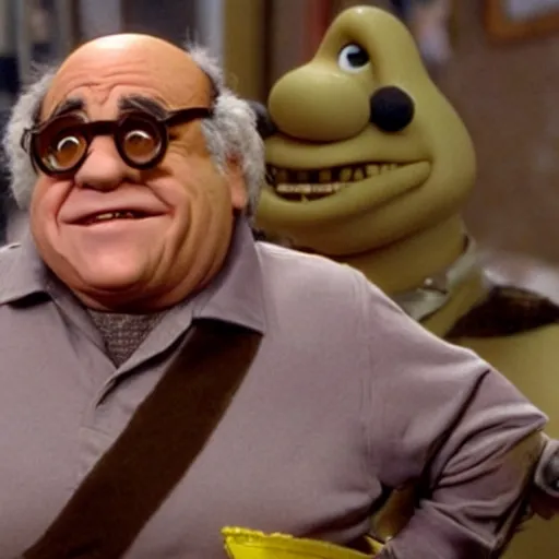 Prompt: movie still of danny devito in wallace and gromit