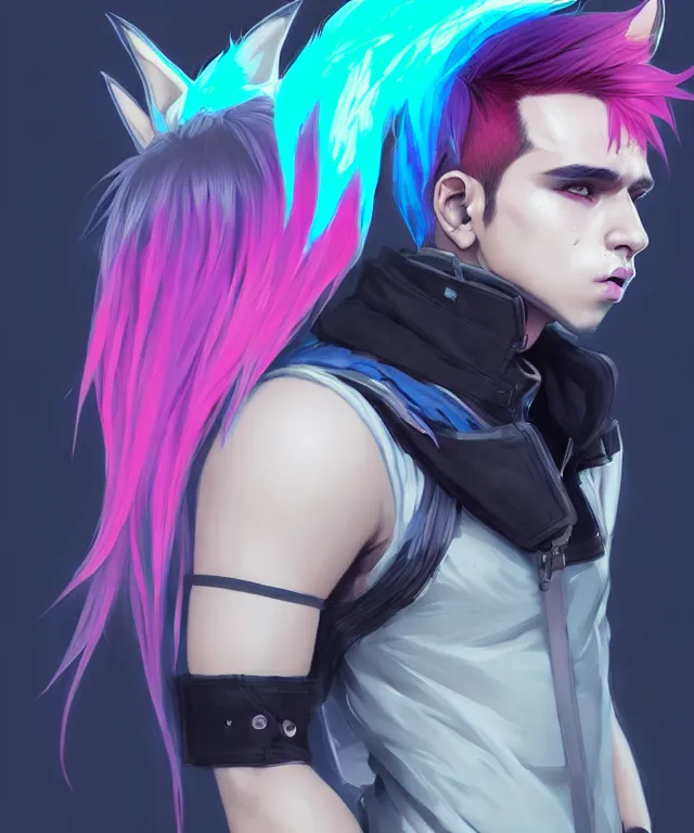 Prompt: character concept art of a cute cyberpunk boy with colorful hair and wolf ears wearing tight clothing | | cute - fine - face, pretty face, key visual, realistic shaded perfect face, fine details by stanley artgerm lau, wlop, rossdraws, james jean, andrei riabovitchev, marc simonetti, and sakimichan, trending on artstation