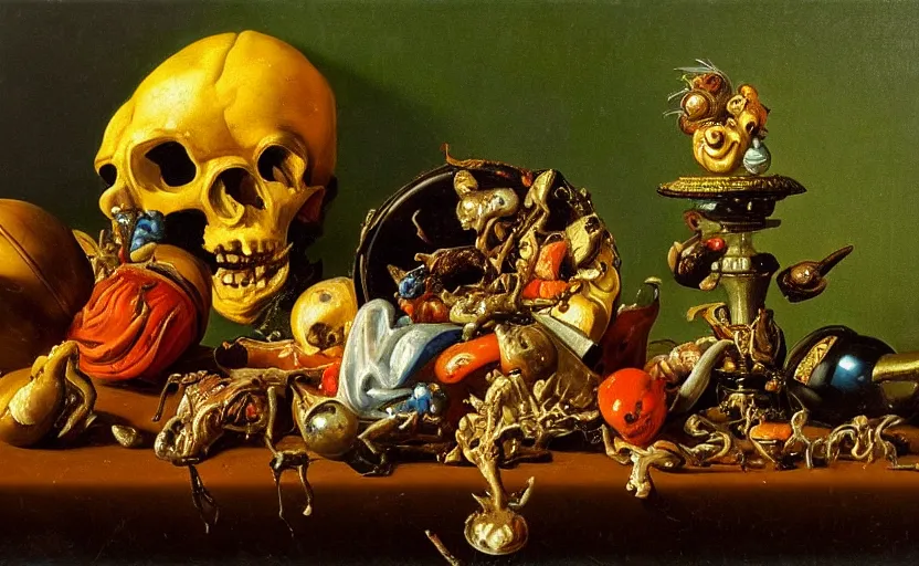 Image similar to disturbing colorful oil painting dutch golden age vanitas still life with grotesque bizarre objects strange gooey surfaces shiny metal rubber bizarre insects rachel ruysch dali todd schorr very detailed perfect composition rule of thirds masterpiece canon 5 0 mm, cinematic lighting, photography, chiaroscuro, film, kodachrome
