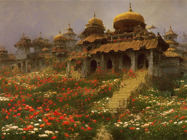 Prompt: an oil painting of a pattern maural of flowers and shrines by beksinski carl spitzweg and tuomas korpi. baroque elements, full-length view. baroque element. intricate artwork by caravaggio. Trending on artstation. 8k