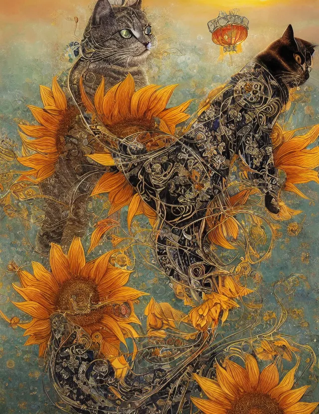 Prompt: a china cat sunflower walking proudly jingling in the midnight sun with a bodhi that drips a silver kimono Like a crazy quilt star gown through a dream night wind, intricate and complexly detailed wet oil painting, by Karol Bak and Tony Diterlizzi, influenced by Artgerm, golden hour scene, center perspective, multi-dimensional, 8k, octane rendering,