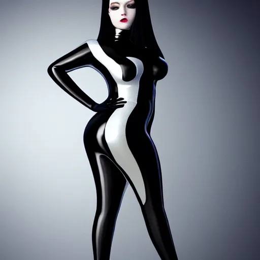 Image similar to a curvy pale hot young goth woman wearing an elegant modest tight shiny silver-black striped latex high-neck dress, cgsociety, photorealistic, sublime-cool-hyperadvanced-dark ambience, 16k, smooth, sharp focus, trending on ArtStation, volumetric lighting, fully clothed, thin waist