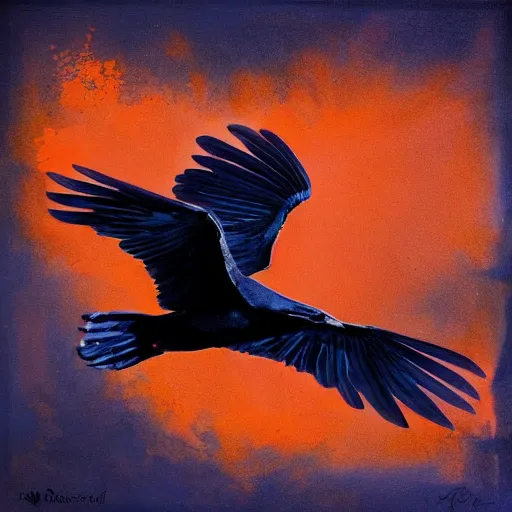 Image similar to indigo raven in flight with one skull in the background with a splash of deep orange greg rutkowski