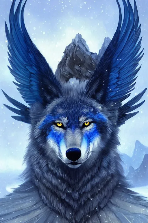 Image similar to blue wolf with wings, facing front, regal, elegant, winter, snow, beautiful, stunning, hd, illustration, epic, d & d, fantasy, intricate, elegant, highly detailed, digital painting, artstation, concept art, smooth, sharp focus, illustration, wallpaper, art by artgerm and greg rutkowski and alphonse mucha and jin xiaodi