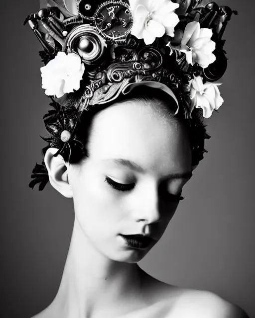 Image similar to a black and white high quality dreamy photo of a young beautiful female queen-pale dragon-vegetal-cyborg bust with a very long neck and a steampunk flower crown, elegant, highly detailed, poetic, soft, dreamy, mysterious, high fashion, in the style of Horst P. Horst, Realistic, Refined, Digital Art, Highly Detailed, Cinematic Lighting, rim light, black and white, photo-realistic, 8K