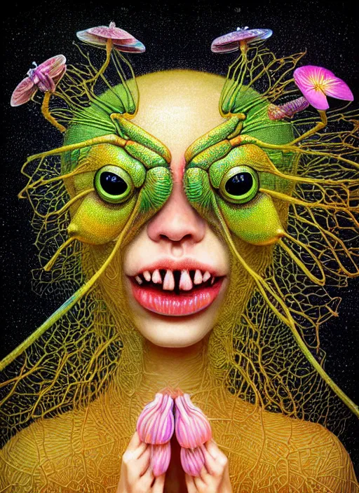 Image similar to hyper detailed 3d render like a Oil painting - kawaii half visceral portrait Aurora (sultry gold haired Singer Praying Mantis Dragonfly) seen Eating of the Strangling network of yellowcake aerochrome and milky Fruit and Her gilded compound eyes delicate Hands hold of gossamer polyp blossoms bring iridescent fungal flowers whose spores black the foolish stars by Jacek Yerka, Mariusz Lewandowski, Houdini algorithmic generative render, Abstract brush strokes, Masterpiece, Edward Hopper and James Gilleard, Zdzislaw Beksinski, Mark Ryden, Wolfgang Lettl, hints of Yayoi Kasuma, octane render, 8k