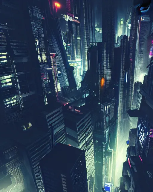 Image similar to cyberpunk scifi scene of a city at night, aerial view, craft flying, artstation, matt painting, very detailed, maximalism, ambient occlusion, volumetric light, atmospheric haze, unreal engine, hyper realism, realistic shading, cinematic composition, realistic render, octane render, detailed textures, photorealistic, wide shot