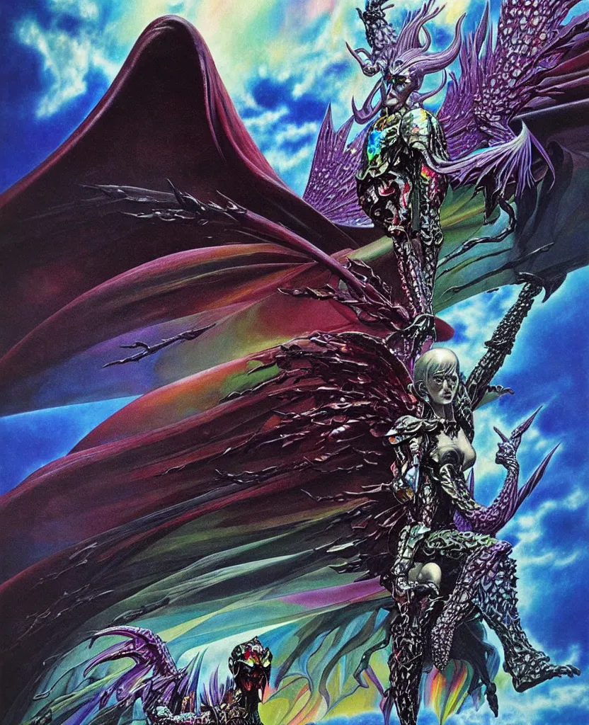 Image similar to realistic detailed image of ultra wrathful rainbow diamond iridescent mega griffith from berserk, depth perception, depth of field, action horror by ayami kojima, neo - gothic, gothic, part by adrian ghenie and gerhard richter. art by roger dean. masterpiece