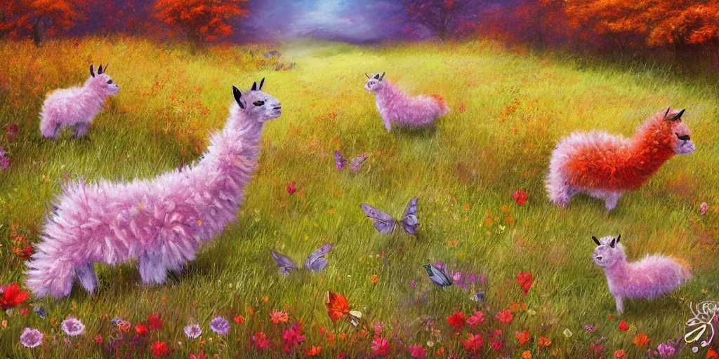 Prompt: fairy alpaca's in an autumn meadow, fantasy, vibrant, butterfly wings, 8 k, high quality, oil painting, digital art, trending on artstation