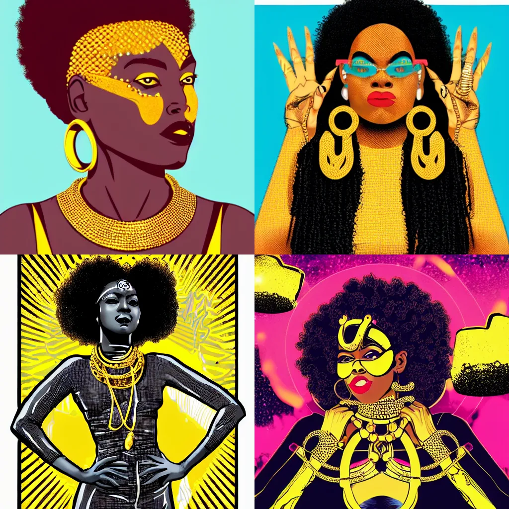 Prompt: afrofuturist woman with gold jewelry, retro art style, afropunk