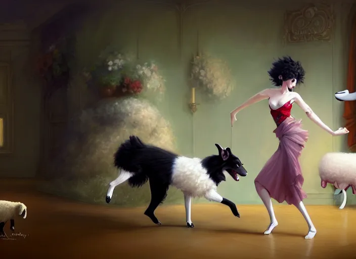 Image similar to wide shot painting of a male anthropomorphic border collie fursona dancing with a cute female anthropomorphic sheep fursona in a ballroom, beautiful, intricate, elegant, realistic proportions, highly detailed, scenic background, trending on artstation, art by charlie bowater and henry asencio and and ross tran