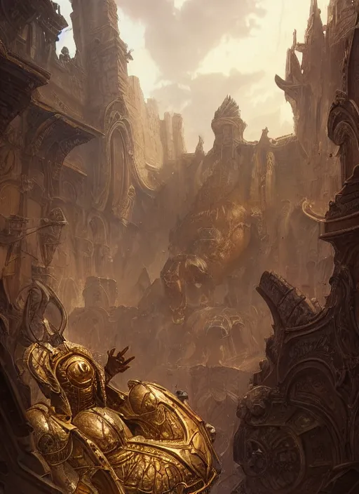 Image similar to golden mammoth in a ruined city, d & d, fantasy, intricate, elegant, highly detailed, digital painting, artstation, concept art, matte, sharp focus, illustration, hearthstone, art by artgerm and greg rutkowski and alphonse mucha