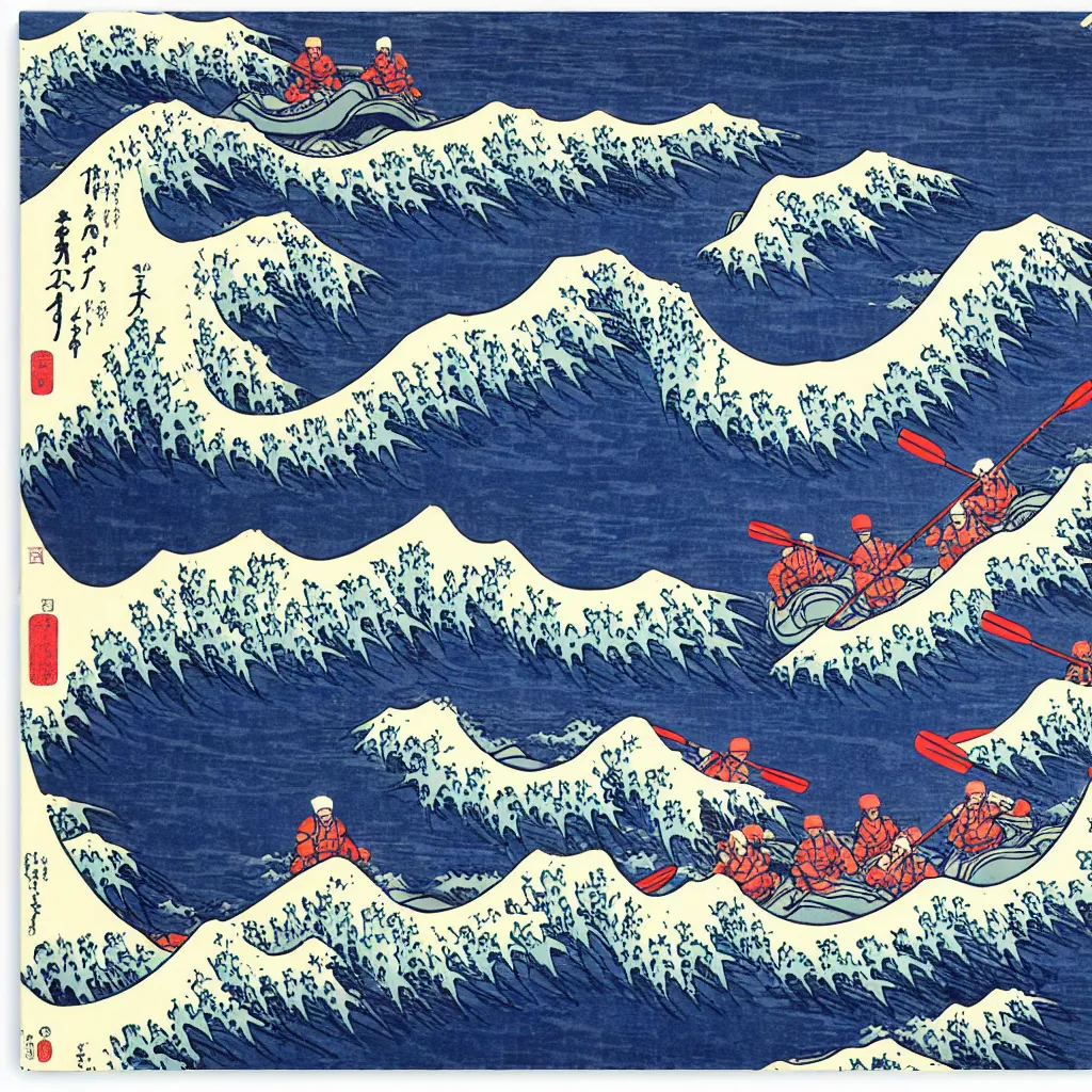 Prompt: river rafting on great wave by hokusai