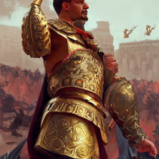 Prompt: julius Ceasar showing thumb down during gladiator fight, intricate, elegant, highly detailed, digital painting, artstation, concept art, smooth, sharp, focus, illustration, art by artgerm and greg rutkowski and alphonse mucha