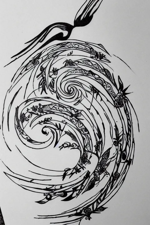 Image similar to a simple tattoo design of birds flying in a 8 spiral, ink, line art