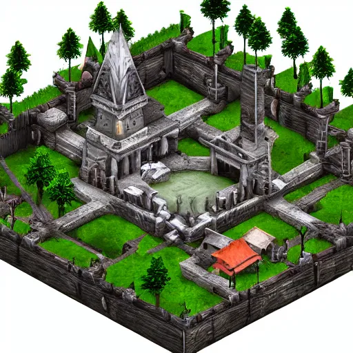 Image similar to isometric DND fantasy forest, war fort, 3d render, fantasy city, surrounded by white