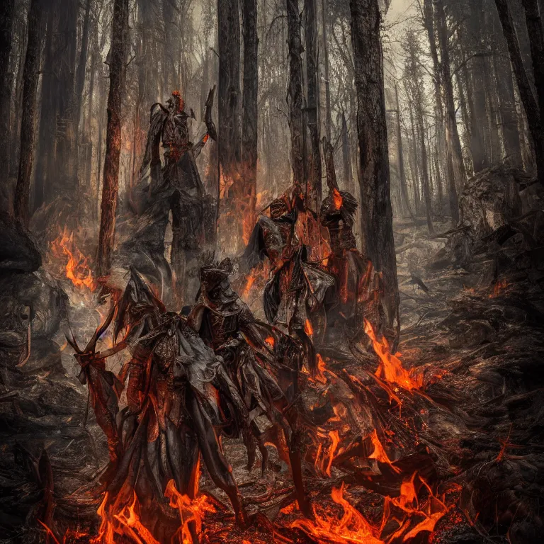 Image similar to burned forest to ashes with two knights standing there, highly detailed, smooth, sharp focus, portrait, concept art, intricate details, fantasy poster, dark athmosphere, 8 k. lifelike. nikon d 8 5 0