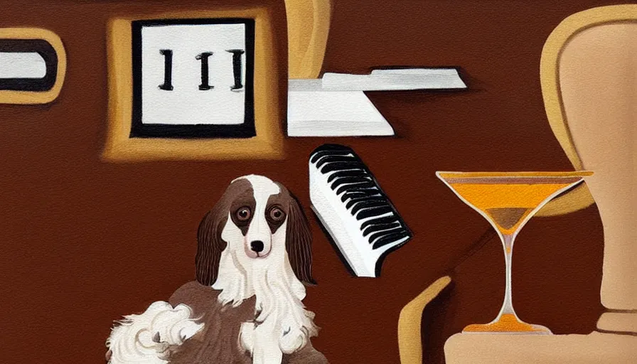 Prompt: brown and white sprocker , sat down playing a piano.at a bar. Martini on the side, illustration. Artwork.