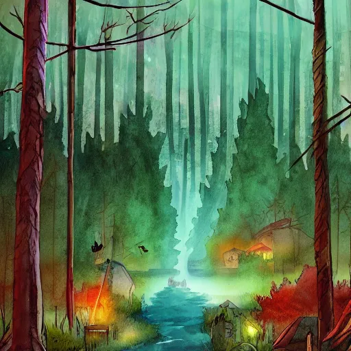 Prompt: feral city in the forest. fantasy, trending on artstation, digital art, watercolor, very colorful