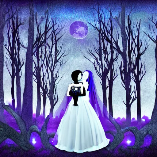 Prompt: a gothic wedding under a full blue moon, digital art