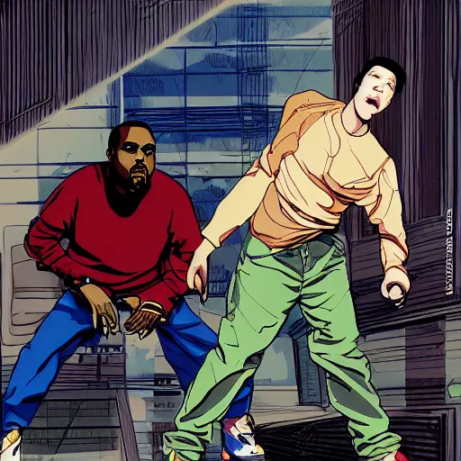 Image similar to An illustration of Kanye West beating up Pete Davidson by Katsuhiro Otomo, comic book style, 8K concept art, cel shaded, anime, detailed