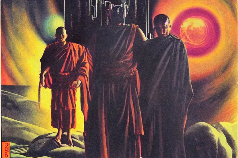 Image similar to 1979 OMNI Magazine Cover of Buddhist monk. in cyberpunk style by Vincent Di Fate