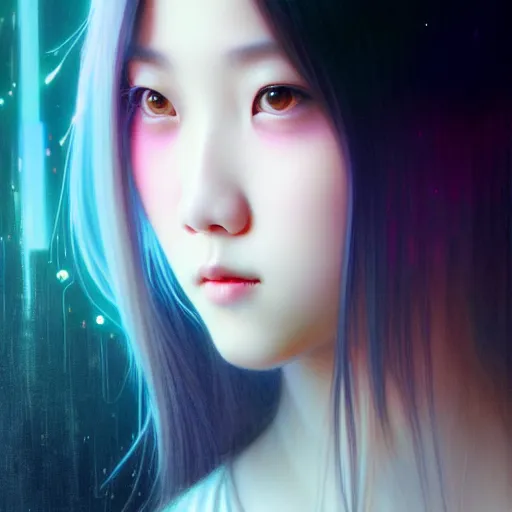 Image similar to jisoo of blackpink, hyperrealistic portrait, bladerunner street, art by artgerm and greg rutkowski and fra angelico and alphons mucha, fantasy art, photo realistic, dynamic lighting, artstation, poster, volumetric lighting, very detailed face, intricate complexity, rule of thirds, 8 k, award winning, unreal engine