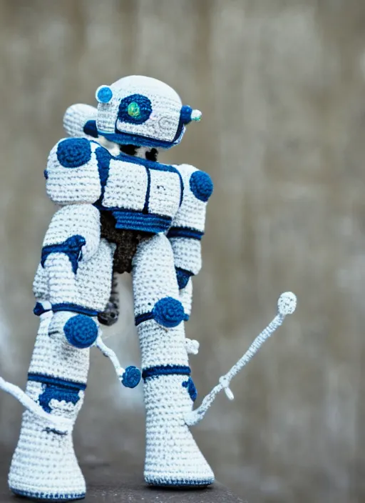 Image similar to a crochet mecha, realistic, no cropping, full body, Sigma 50 mm f/1.4