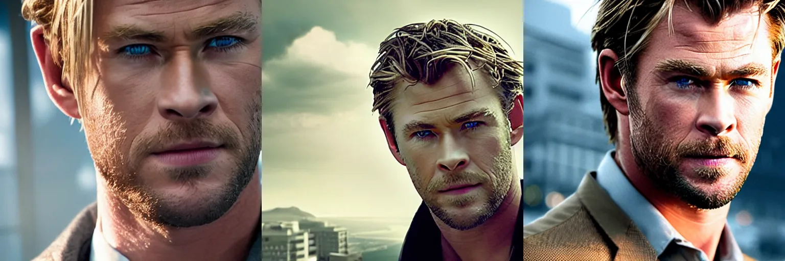 Prompt: close-up of Chris Hemsworth as a detective in a movie directed by Christopher Nolan, movie still frame, promotional image, imax 70 mm footage