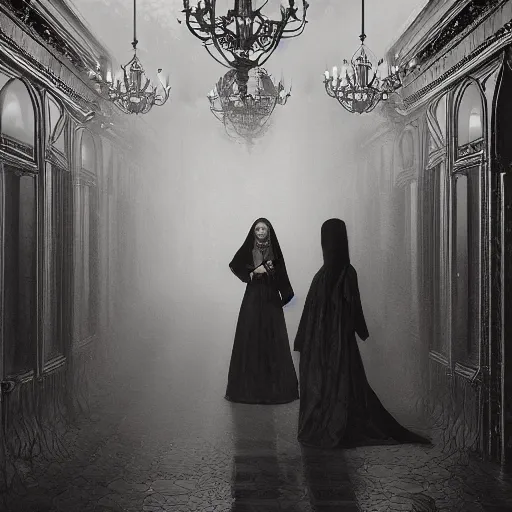 Image similar to a beautiful victorian woman is frightened by her doppleganger in a mirror. she is in a long hallway of mirrors. victorian interior, with many mirrors, twins, elegant design, haunting atmosphere, dark lighting, gothic, horror style, scary, swirling fog, volumetric lighting, by greg rutkowski, realistic, dutch angle, zombies